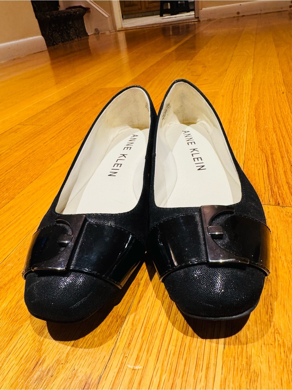Anne Klein Black Textured Ballet Flats with Patent Buckle